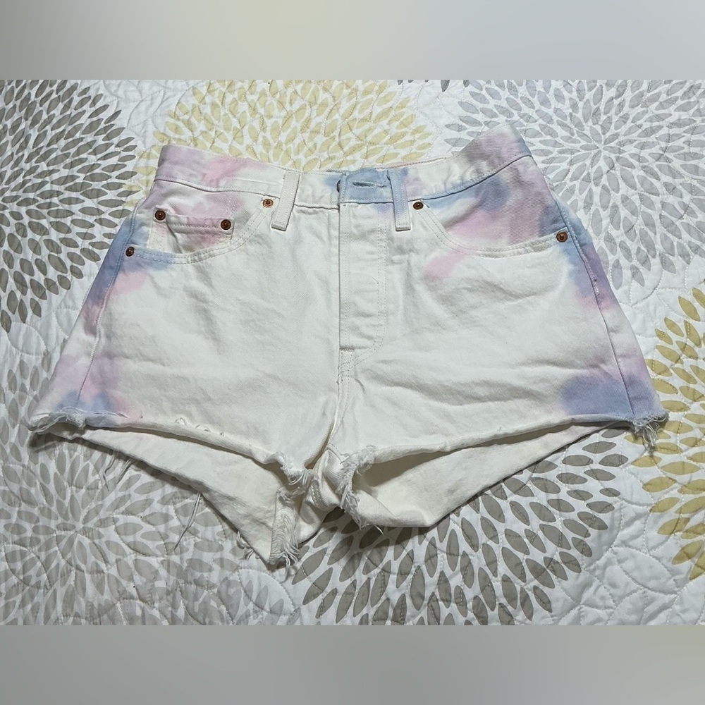 Levi's Premium 501 Tie Dye Cut Off Shorts White Pink Blue Women's Size 27